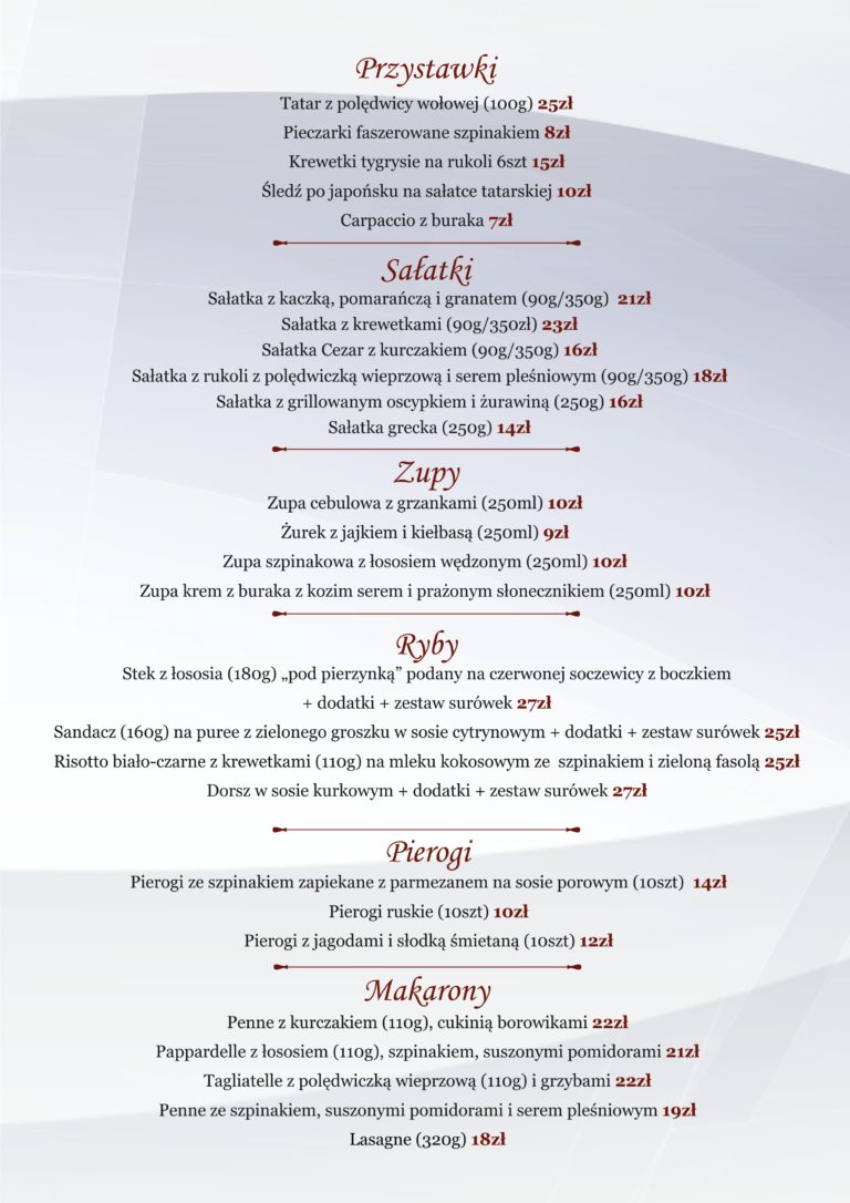 Karta Menu Piano Cafe Mielec